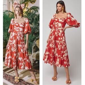 Johanna Ortiz Red Beautiful Chaos Floral Print Broderie Anglaise Midi Dress Sz 4